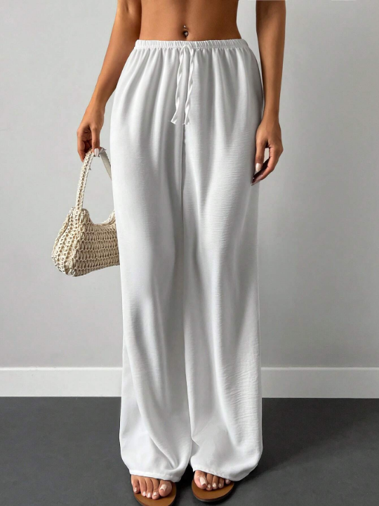 Cottnline Solid Elastic Waist Wide Leg Pants