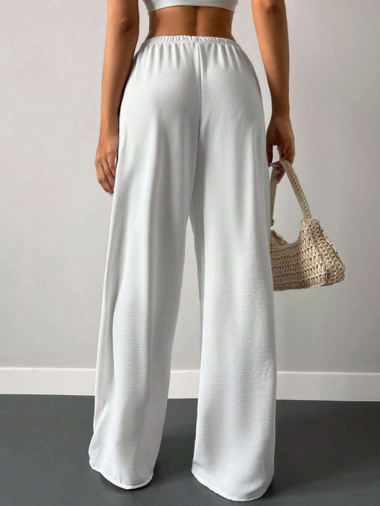 Cottnline Solid Elastic Waist Wide Leg Pants