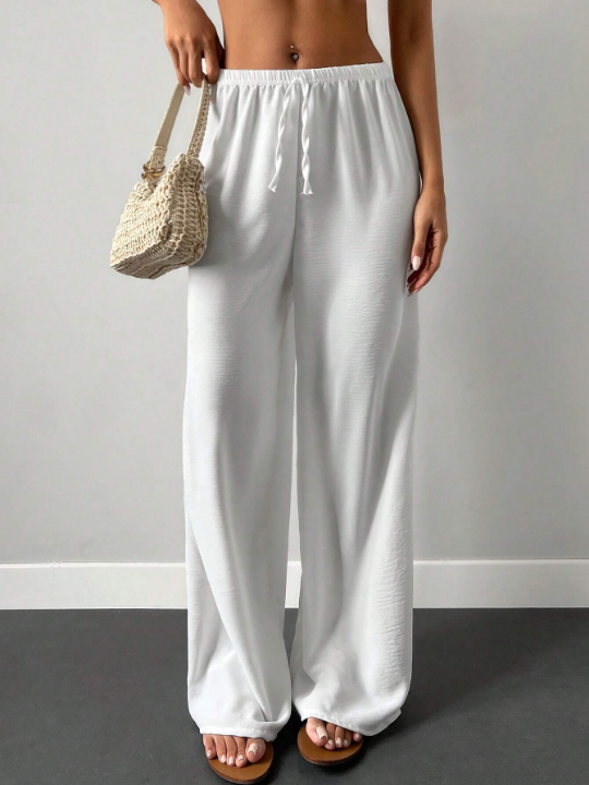 Cottnline Solid Elastic Waist Wide Leg Pants