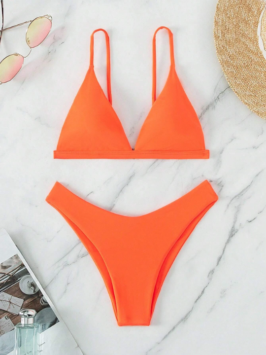 Swim Basics Solid Triangle High Cut Bikini Swimsuit