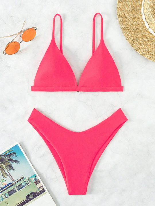 Solid Triangle High Cut Bikini Swimsuit