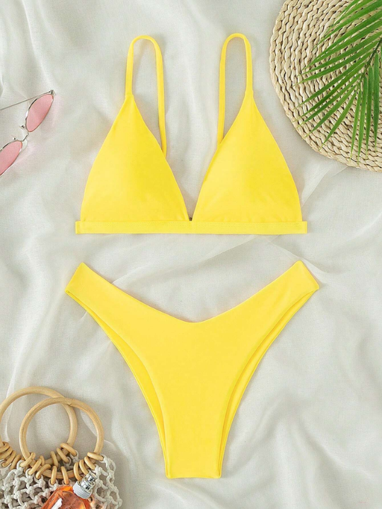 Swim Basics Plain Triangle High Cut Bikini Swimsuit