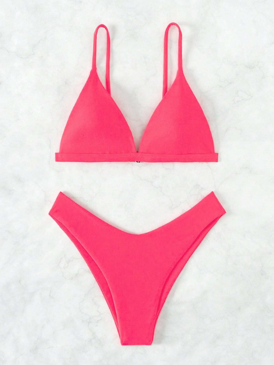 Solid Triangle High Cut Bikini Swimsuit