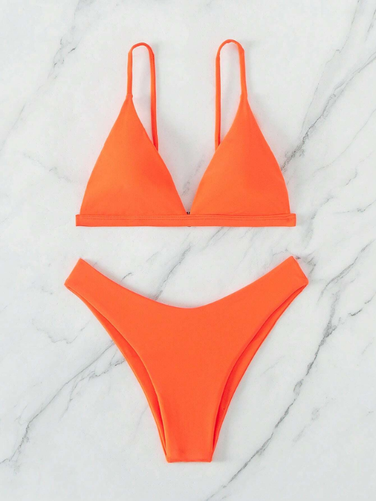 Swim Basics Solid Triangle High Cut Bikini Swimsuit