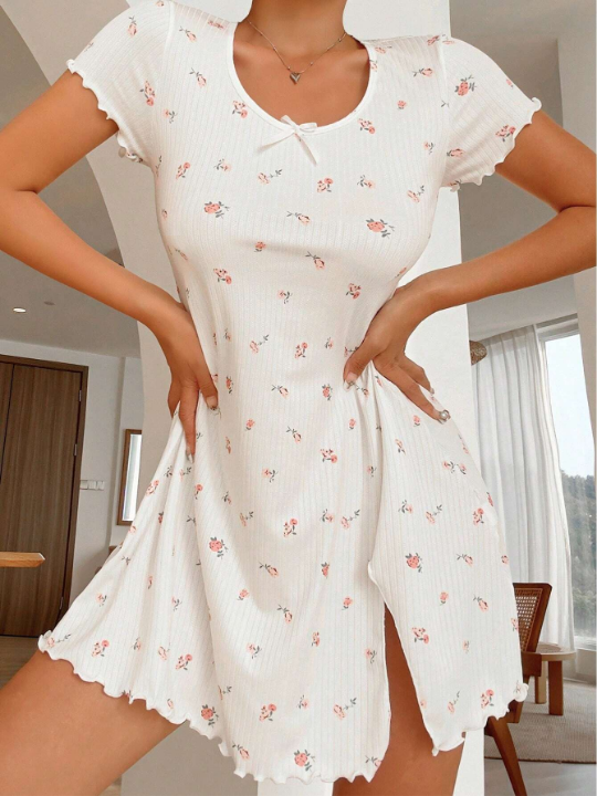 Ditsy Floral Print Lettuce Trim Split Thigh Nightdress