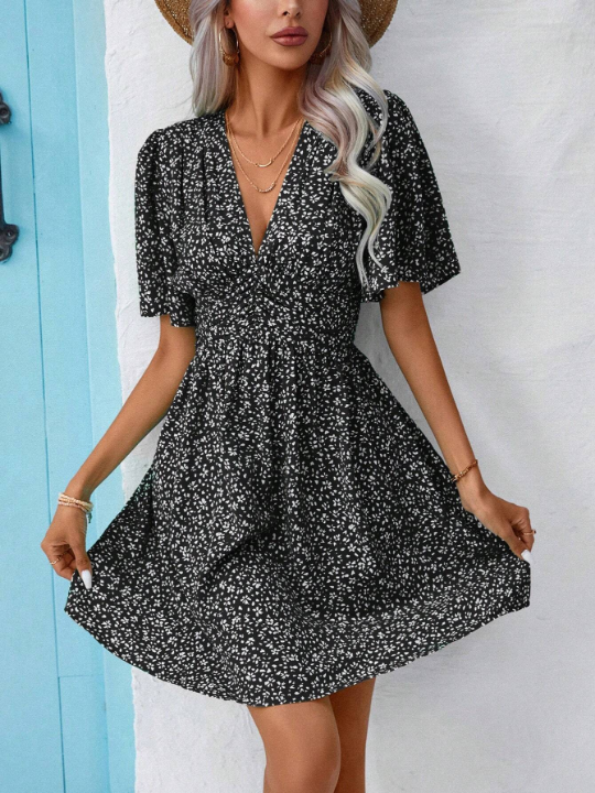 LUNE Ditsy Floral Print Butterfly Sleeve Dress