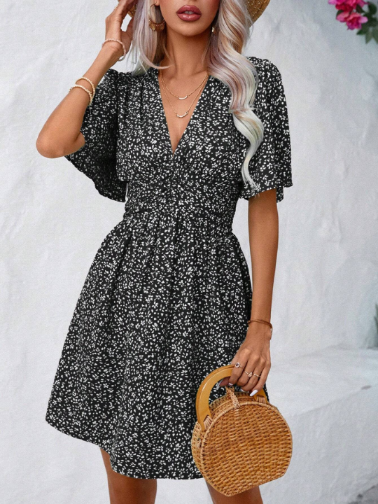 LUNE Ditsy Floral Print Butterfly Sleeve Dress