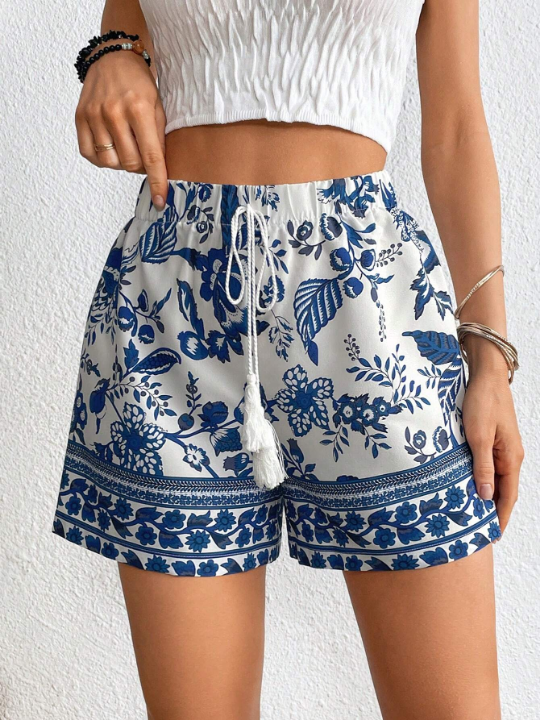 VCAY Floral Print Tassel Tie Front Beach Summer Women Shorts Summer