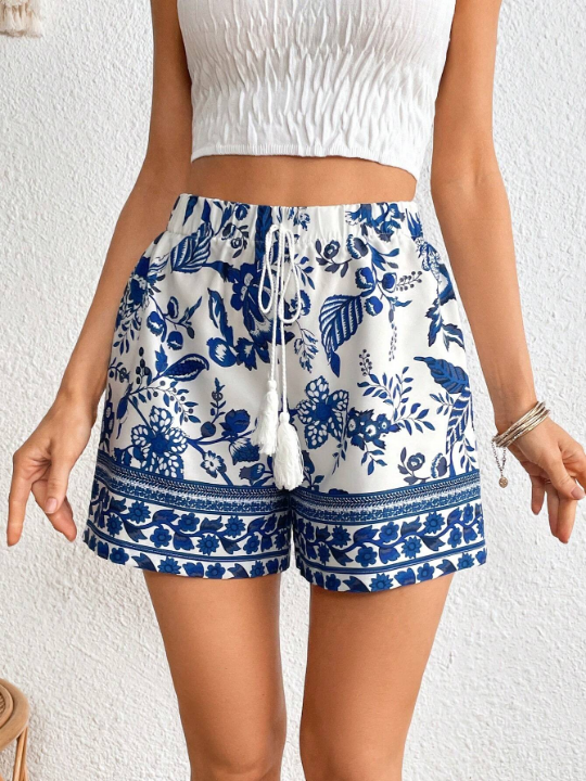 VCAY Floral Print Tassel Tie Front Beach Summer Women Shorts Summer