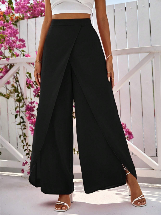 VCAY Solid Wrap Hem Wide Leg Pants