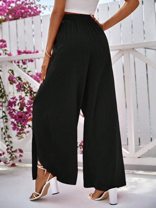 VCAY Solid Wrap Hem Wide Leg Pants