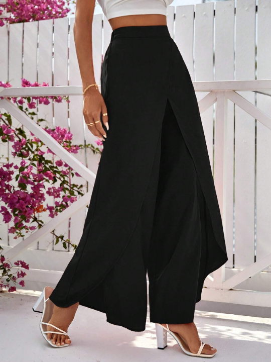 VCAY Solid Wrap Hem Wide Leg Pants