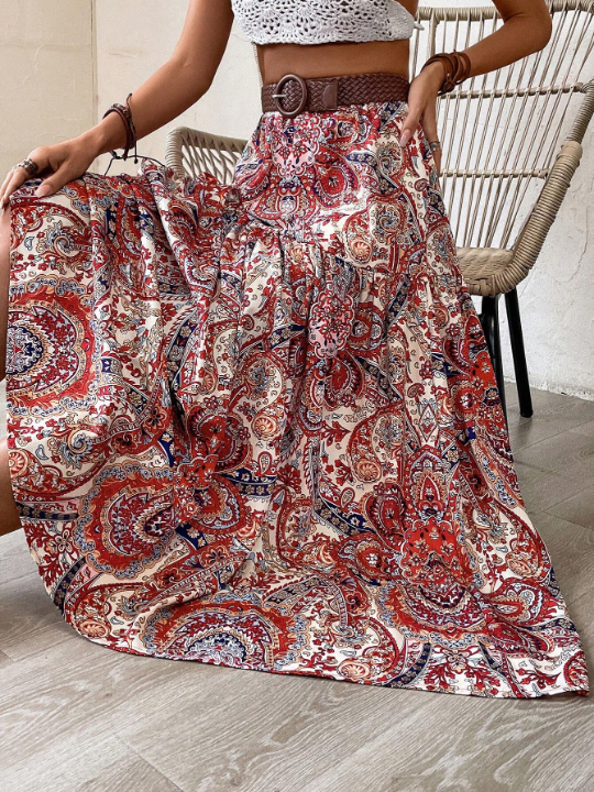 VCAY Paisley Print Ruffle Hem Skirt Without Belt