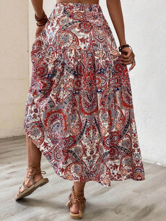 VCAY Paisley Print Ruffle Hem Skirt Without Belt