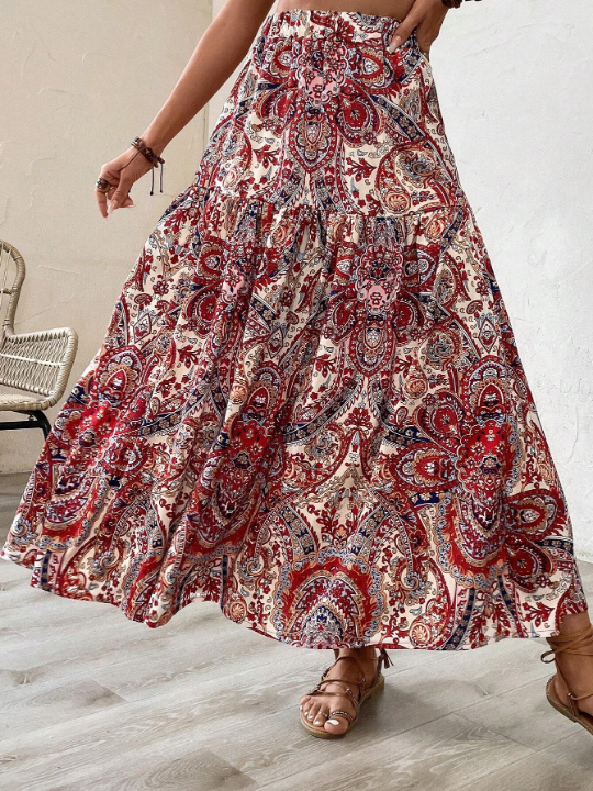 VCAY Paisley Print Ruffle Hem Skirt Without Belt