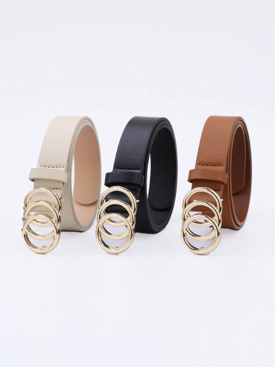 1pc Women's Three Circle Buckle Brown Pu Decorated Belt For Everyday Wear