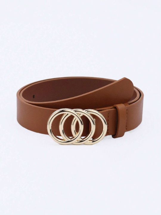 1pc Women's Three Circle Buckle Brown Pu Decorated Belt For Everyday Wear