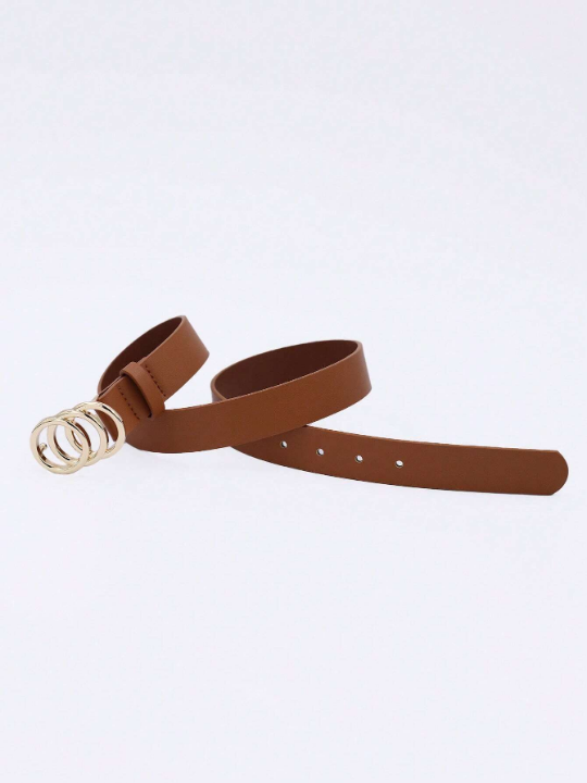 1pc Women's Three Circle Buckle Brown Pu Decorated Belt For Everyday Wear