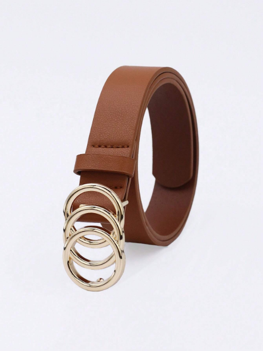 1pc Women's Three Circle Buckle Brown Pu Decorated Belt For Everyday Wear