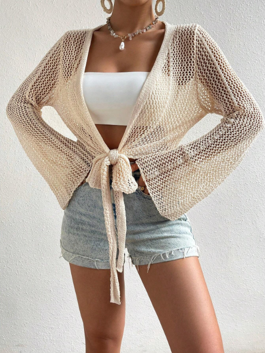 Swim Basics Knot Front Flounce Sleeve Kimono Without Bra