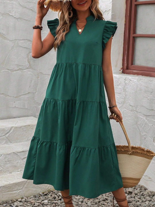 LUNE Notched Neckline Ruffle Trim Smock Dress