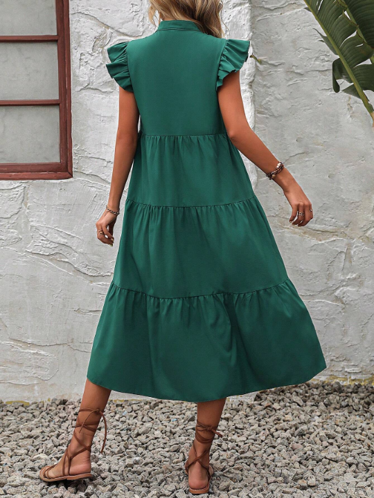 LUNE Notched Neckline Ruffle Trim Smock Dress