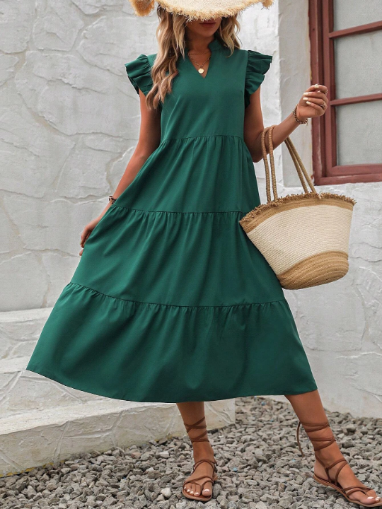 LUNE Notched Neckline Ruffle Trim Smock Dress