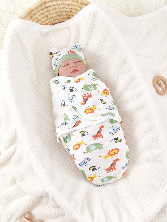 1pc Baby Cartoon Fashionable & Elephant Pattern Swaddling Blanket & 1pc Newborn Hat