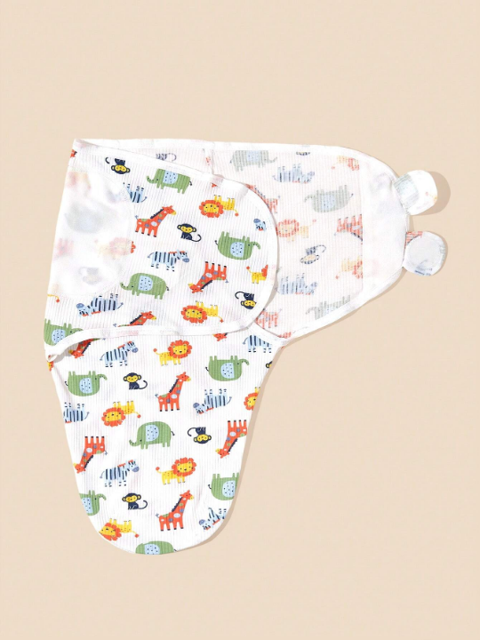 1pc Baby Cartoon Fashionable & Elephant Pattern Swaddling Blanket & 1pc Newborn Hat