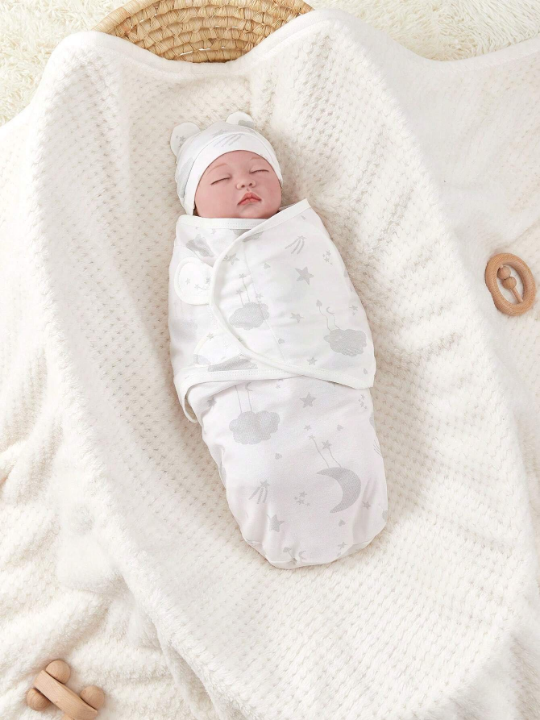 1pc Baby Cloud & Moon Pattern Swaddling Blanket & 1pc Newborn Hat