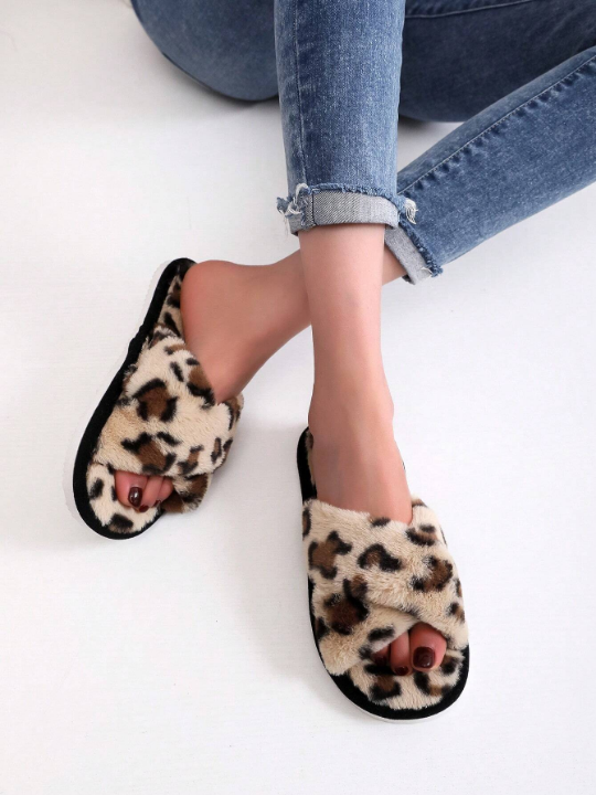 Women Leopard Pattern Cross Strap Fluffy Bedroom Slippers, Fabric Fashion Slippers Indoor