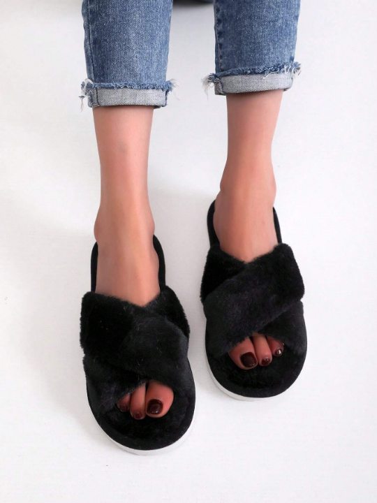 Women Minimalist Cross Strap Fluffy Bedroom Slippers, Fabric Fashion Slippers Black