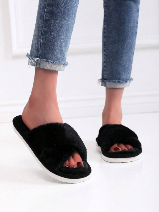 Women Minimalist Cross Strap Fluffy Bedroom Slippers, Fabric Fashion Slippers Black