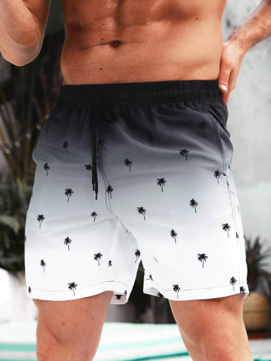 Manfinity Swimmode Men Coconut Tree Print Ombre Drawstring Waist Swim Trunks