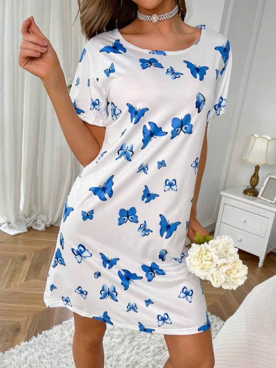 Butterfly Print Scoop Neck Nightdress