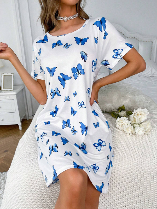 Butterfly Print Scoop Neck Nightdress