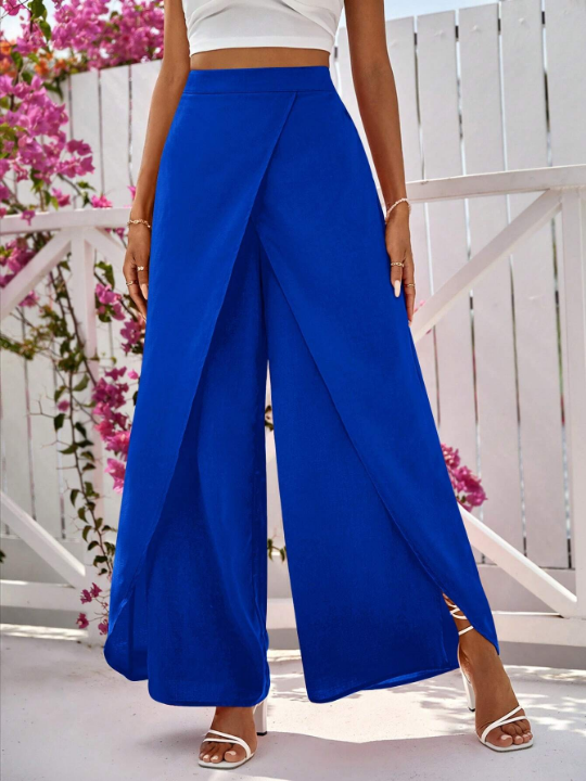 VCAY Solid Wrap Hem Wide Leg Pants