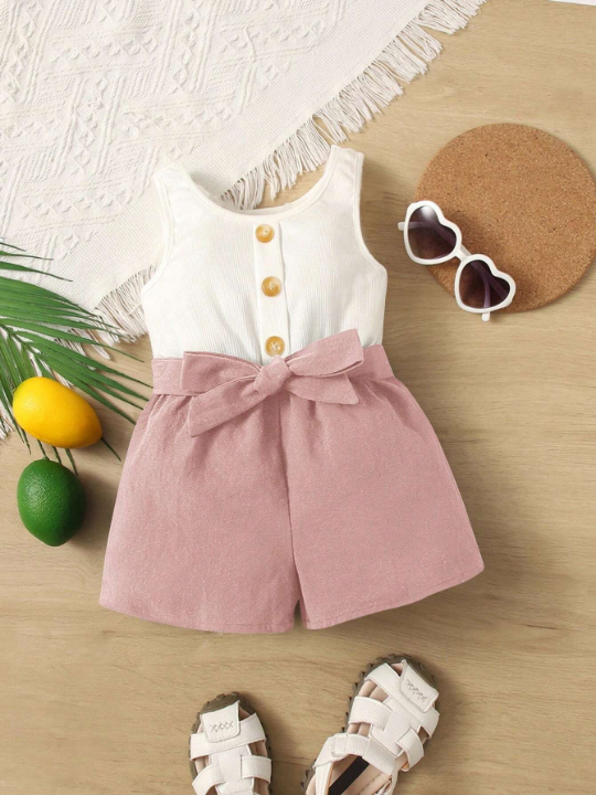 Baby Girls' Two Tone Belted Overall Shorts, Comfortable & Cute & Sweet, Perfect For Summer