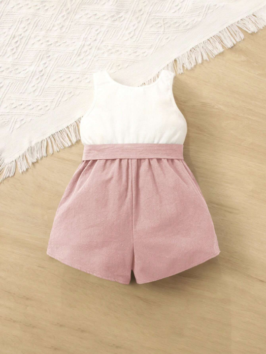 Baby Girls' Two Tone Belted Overall Shorts, Comfortable & Cute & Sweet, Perfect For Summer