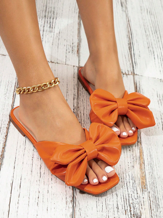 Women Bow Decor Flat Sandals, Funky Neon-orange Slide Sandals For Summer