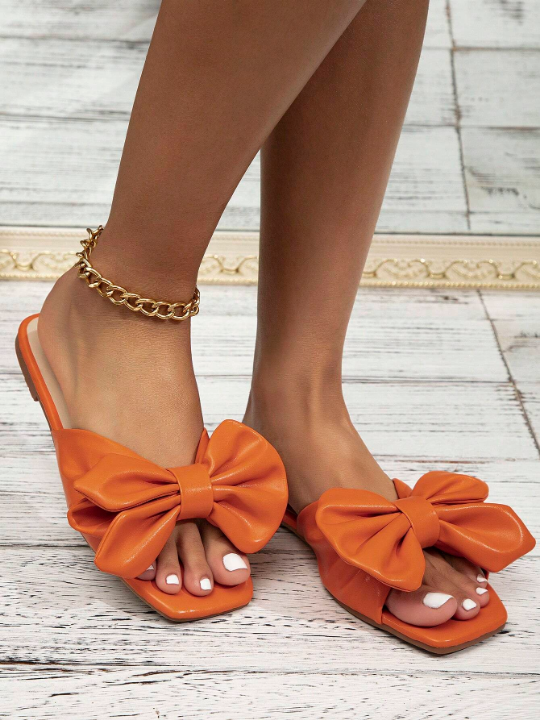 Women Bow Decor Flat Sandals, Funky Neon-orange Slide Sandals For Summer