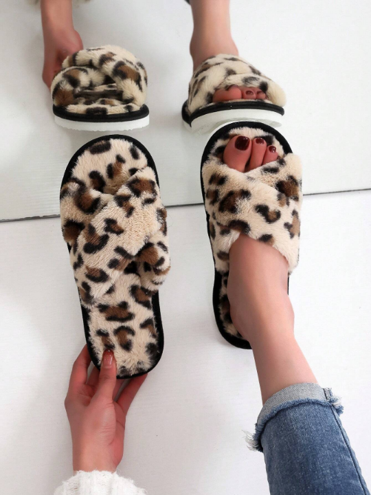 Women Leopard Pattern Cross Strap Fluffy Bedroom Slippers, Fabric Fashion Slippers Indoor