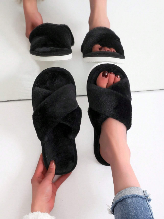 Women Minimalist Cross Strap Fluffy Bedroom Slippers, Fabric Fashion Slippers Black