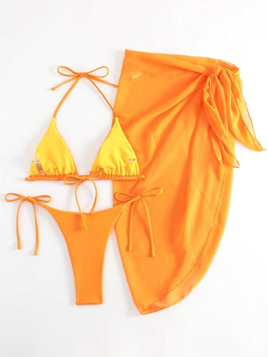 Swim Vcay Solid Bikini Set Triangle Bra & Tie Side Bottom & Beach Skirt 3 Piece Bathing Suit