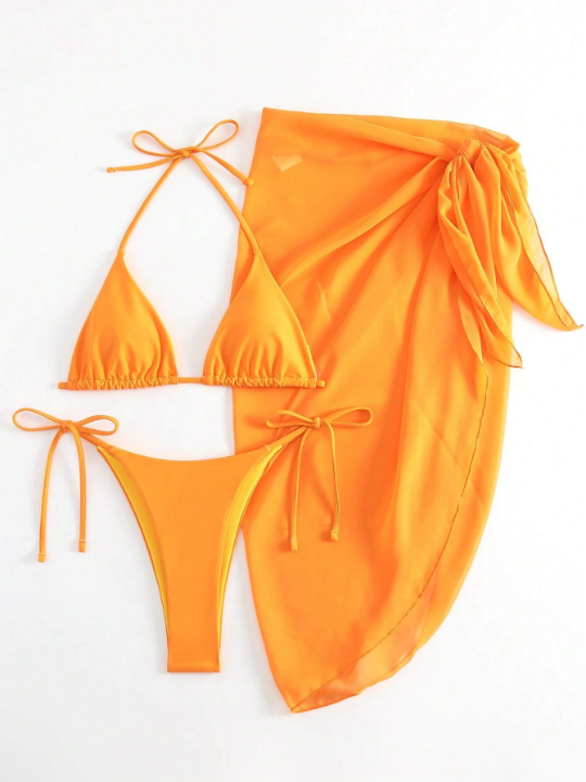 Swim Vcay Solid Bikini Set Triangle Bra & Tie Side Bottom & Beach Skirt 3 Piece Bathing Suit