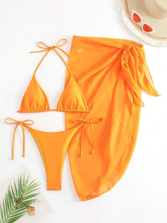 Swim Vcay Solid Bikini Set Triangle Bra & Tie Side Bottom & Beach Skirt 3 Piece Bathing Suit