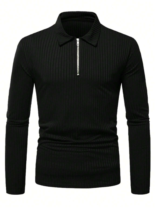 Manfinity Homme Men Ribbed Knit Quarter Zip Polo Shirt