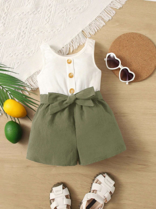 Baby Girl Two-Tone Belted Jumpsuit Is Comfortable, Cute And Sweet, Suitable For Summer