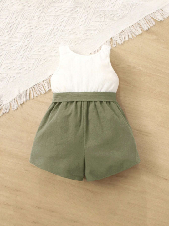 Baby Girl Two-Tone Belted Jumpsuit Is Comfortable, Cute And Sweet, Suitable For Summer