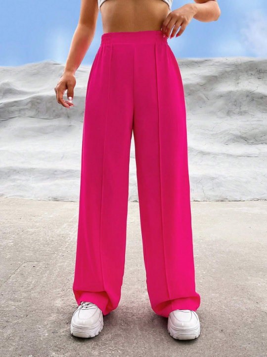 EZwear Commuting Style Pink Solid High Waist Straight Leg Pants